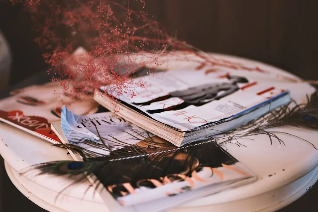 Revistas de moda sobre mesa, detalhe Vogue, desfile solidário em Los Angeles.