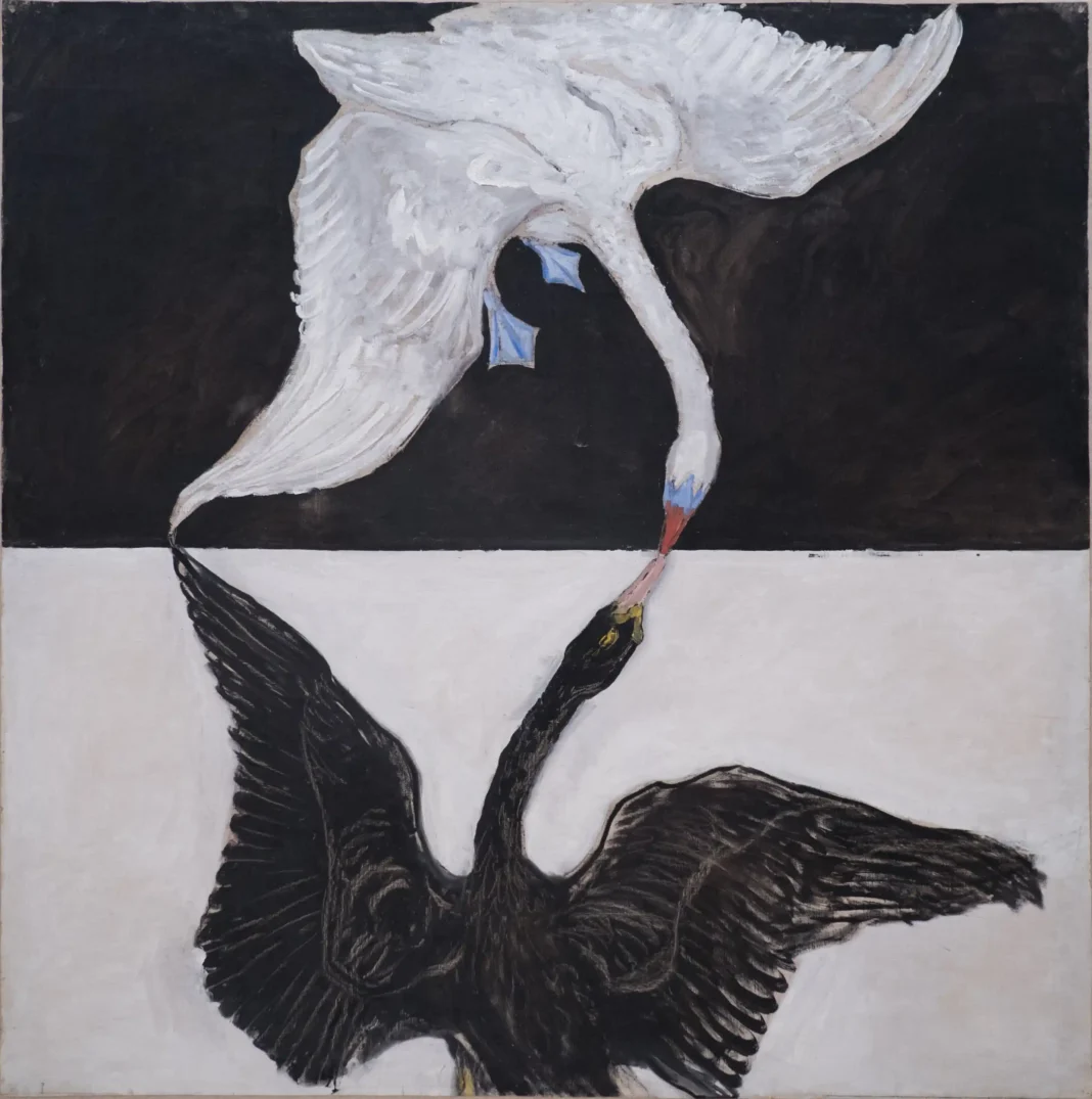 Dois cisnes, um branco e outro preto, surgem diante de um fundo dividido em preto e branco, tocando os bicos num ponto central, numa composição simbólica de contraste e união.