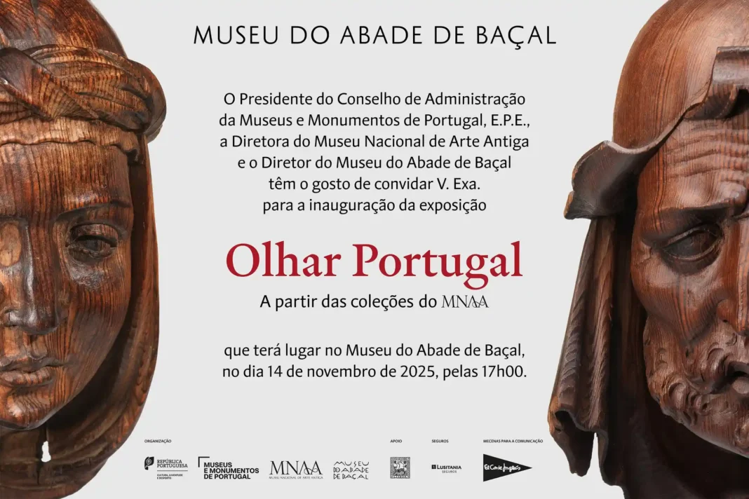 Convite à inauguração da exposição ‘Olhar Portugal’, no Museu do Abade de Baçal, com esculturas em madeira e informações oficiais do MNAA