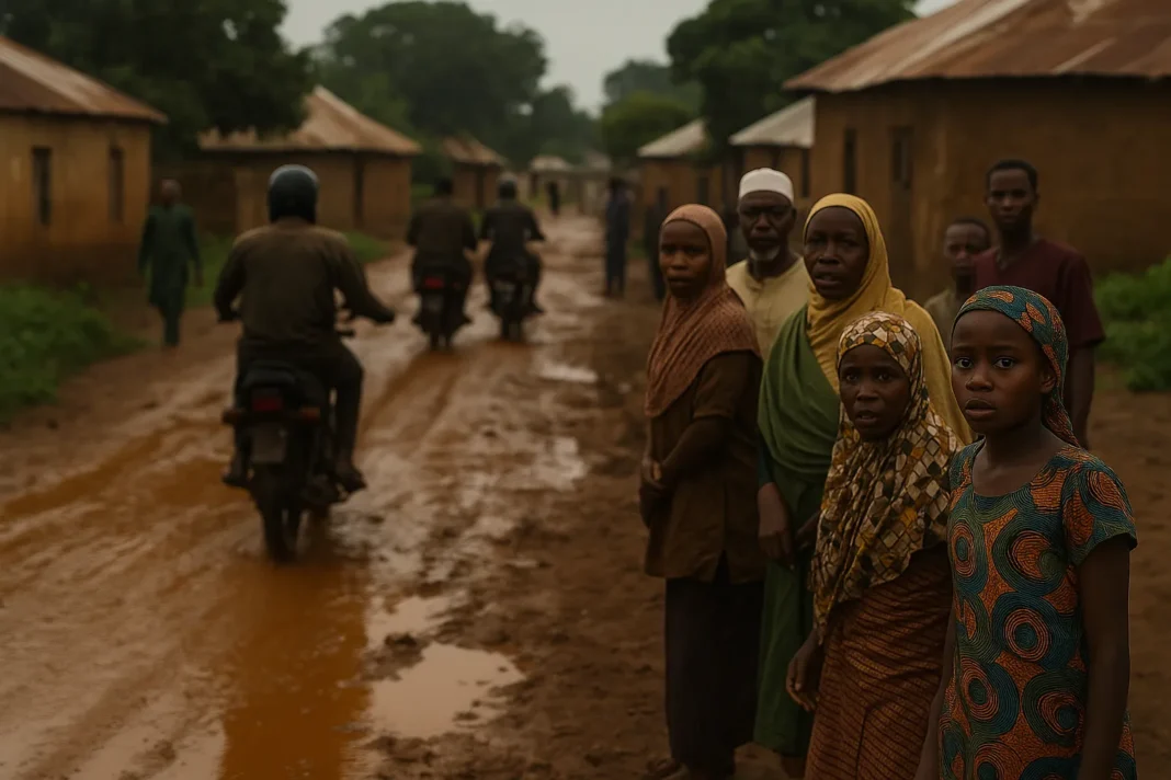 Grupo de moradores numa aldeia do noroeste da Nigéria caminha por uma estrada lamacenta após novos ataques e raptos, refletindo o clima de insegurança generalizada.