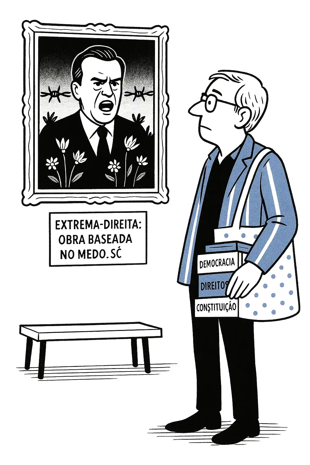 Homem observa quadro satírico num museu onde a extrema-direita surge retratada como obra baseada no medo. Cartoon político em traço simples, preto, branco e azul.