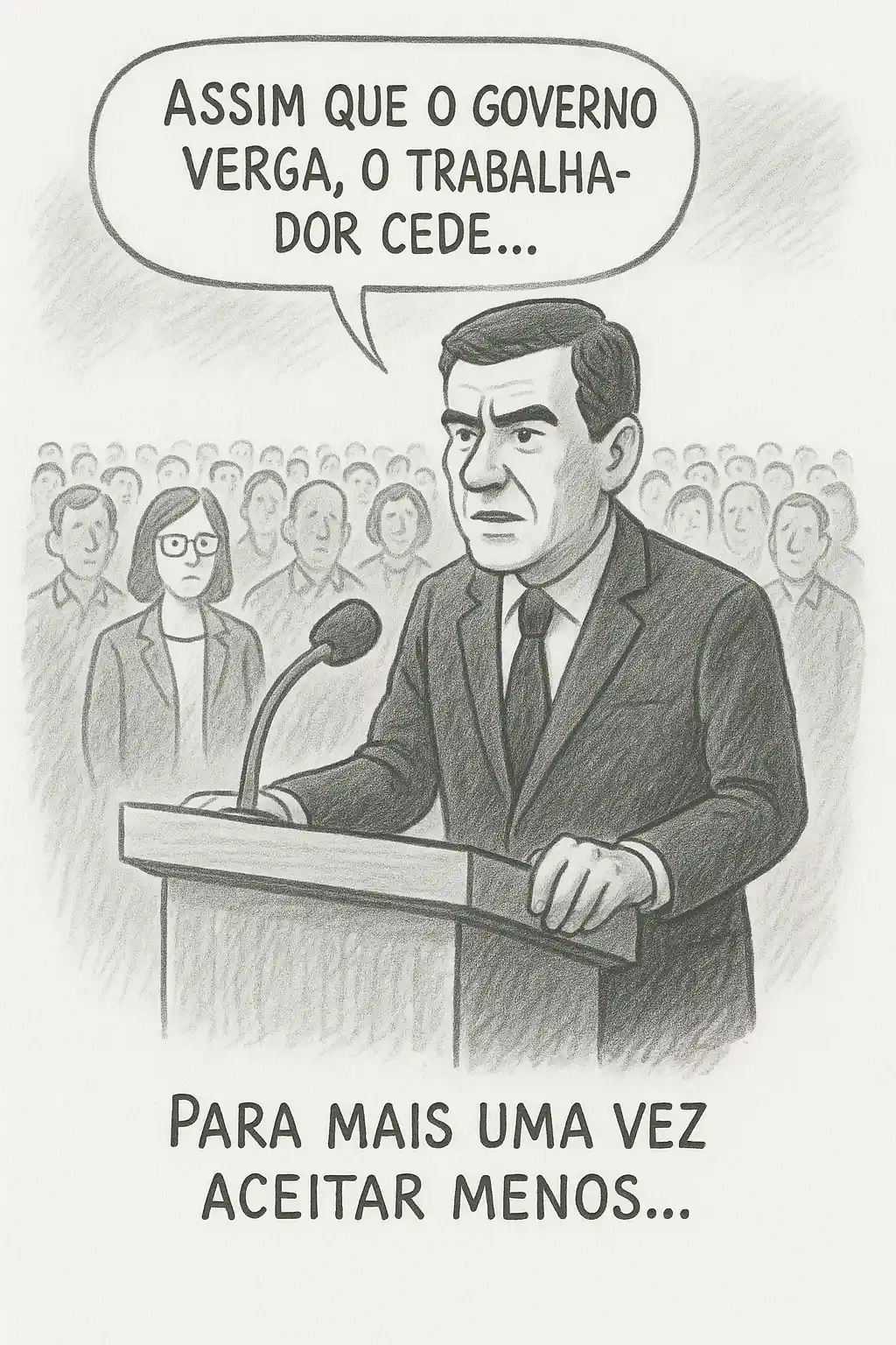 Cartoon a lápis com um político a falar perante uma multidão e a frase “Assim que o Governo verga, o trabalhador cede… para mais uma vez aceitar menos.”