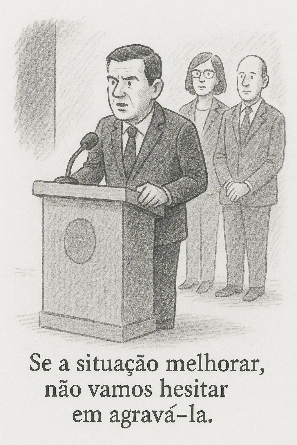 Cartoon a lápis com um político a discursar e a frase “Se a situação melhorar, não vamos hesitar em agravá-la.”