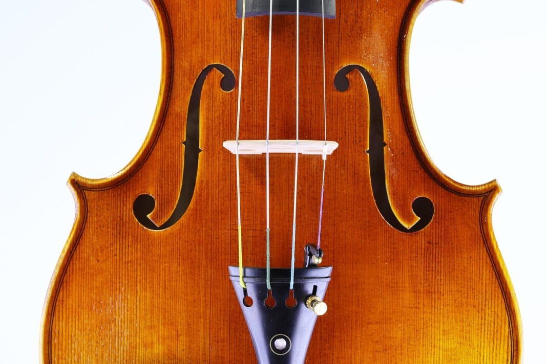 Detalhe do corpo de um violino em madeira, com cordas e cavalete visíveis.