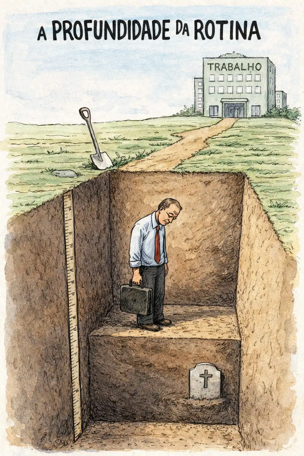 Cartoon de um homem de fato e mala numa cova profunda, com um caminho a conduzir a um edifício com a palavra “TRABALHO”.