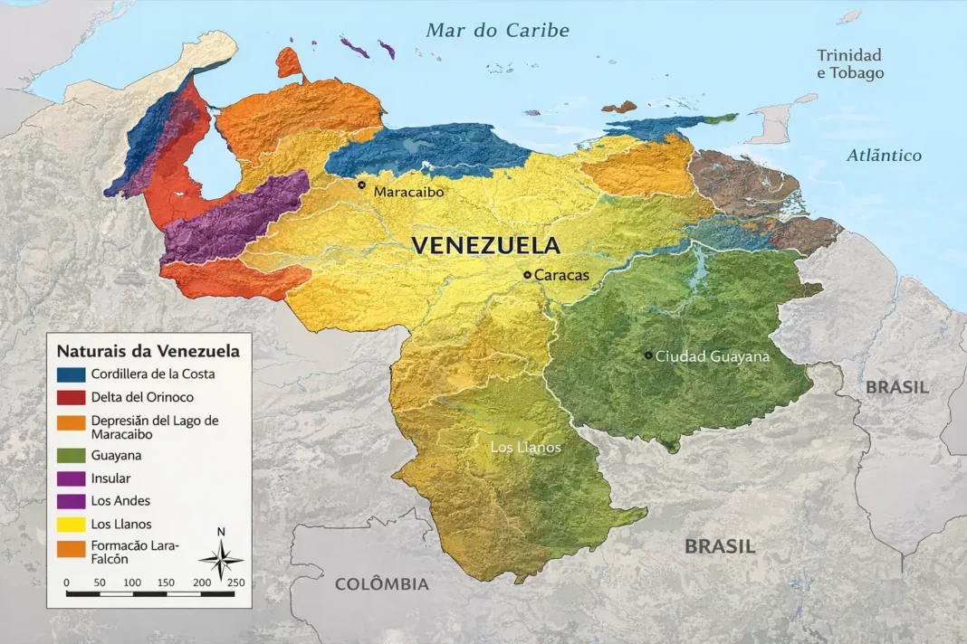 Ilustração conceptual de algemas sobre um mapa da Venezuela, com balança da justiça ao fundo