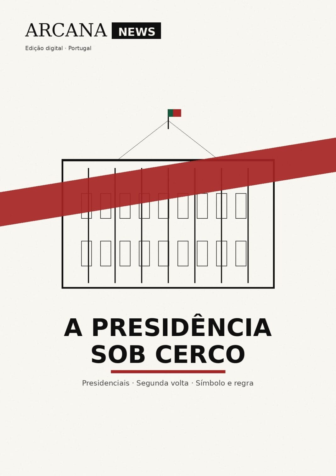 Ilustração do Palácio de Belém com faixa vermelha diagonal, evocando pressão política sobre a Presidência da República.