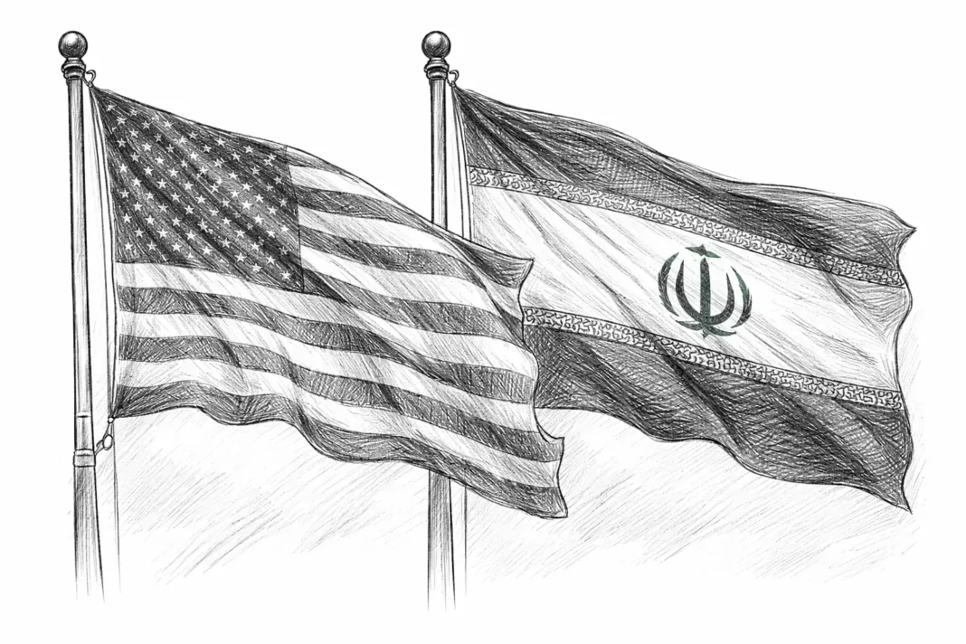 Desenho a lápis das bandeiras dos Estados Unidos e do Irão, lado a lado, simbolizando tensão diplomática entre Washington e Teerão.