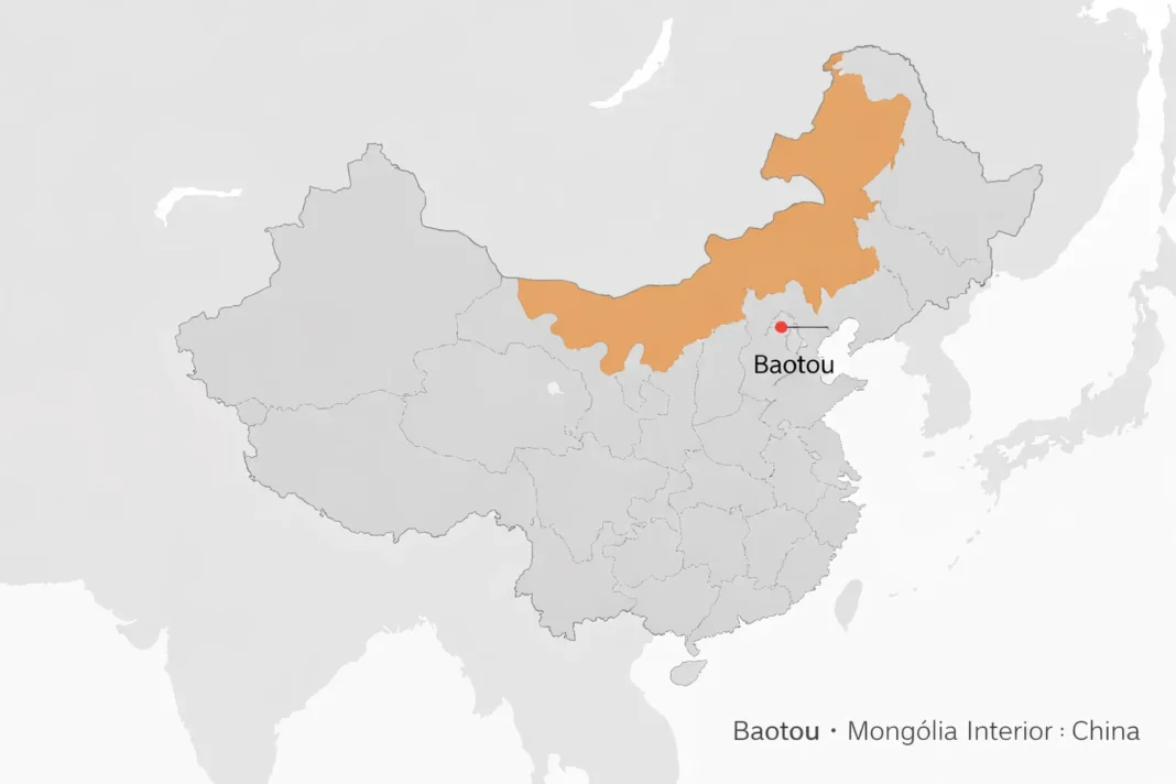 Mapa editorial da China com destaque para a Mongólia Interior e a localização de Baotou.
