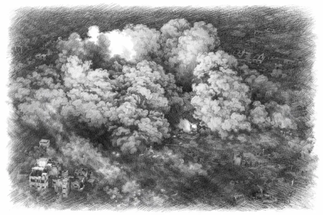 Desenho a lápis de fumo e explosões vistos do ar, associado à destruição em Gaza após o cessar-fogo.