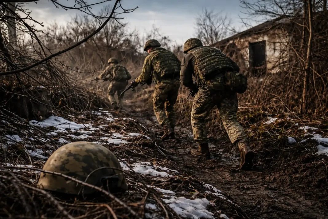 Soldados avançam cautelosamente por terreno devastado pela guerra no leste da Ucrânia, no inverno, entre ruínas e vestígios de combate.