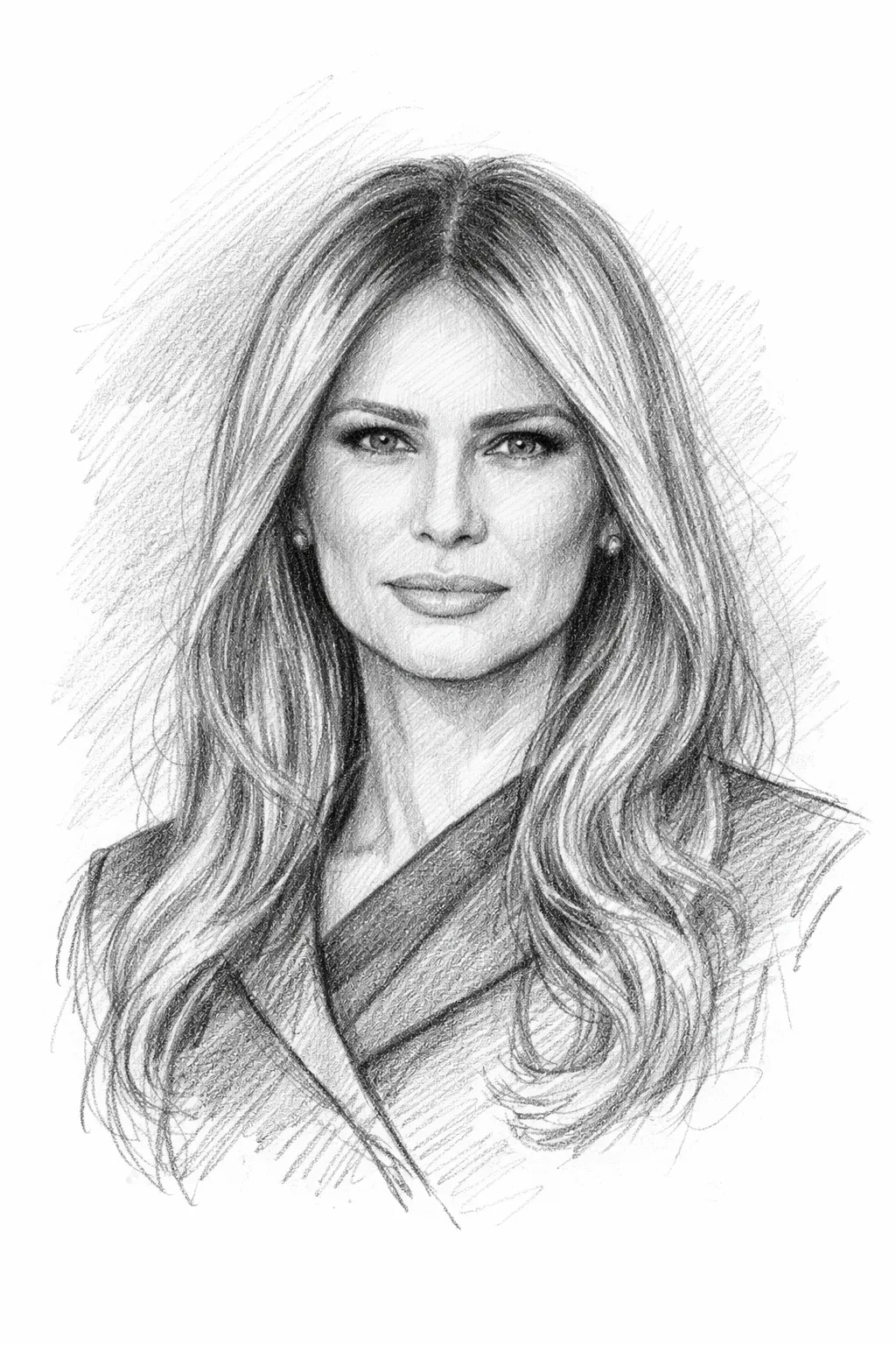 Retrato a lápis de Melania Trump, em preto e branco, com olhar frontal e cabelo comprido ondulado.
