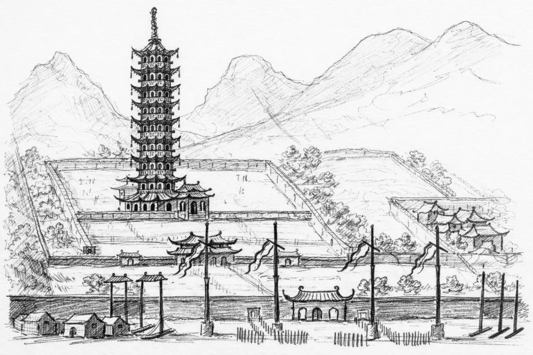 Desenho a preto e branco de um pagode alto num recinto murado, com montanhas ao fundo e pequenos edifícios tradicionais em redor.