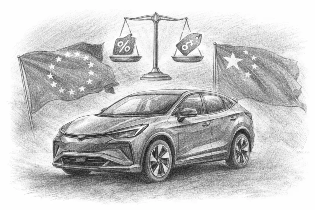 Desenho a lápis de um automóvel elétrico e símbolos da UE e da China, sugerindo negociação sobre tarifas de importação.