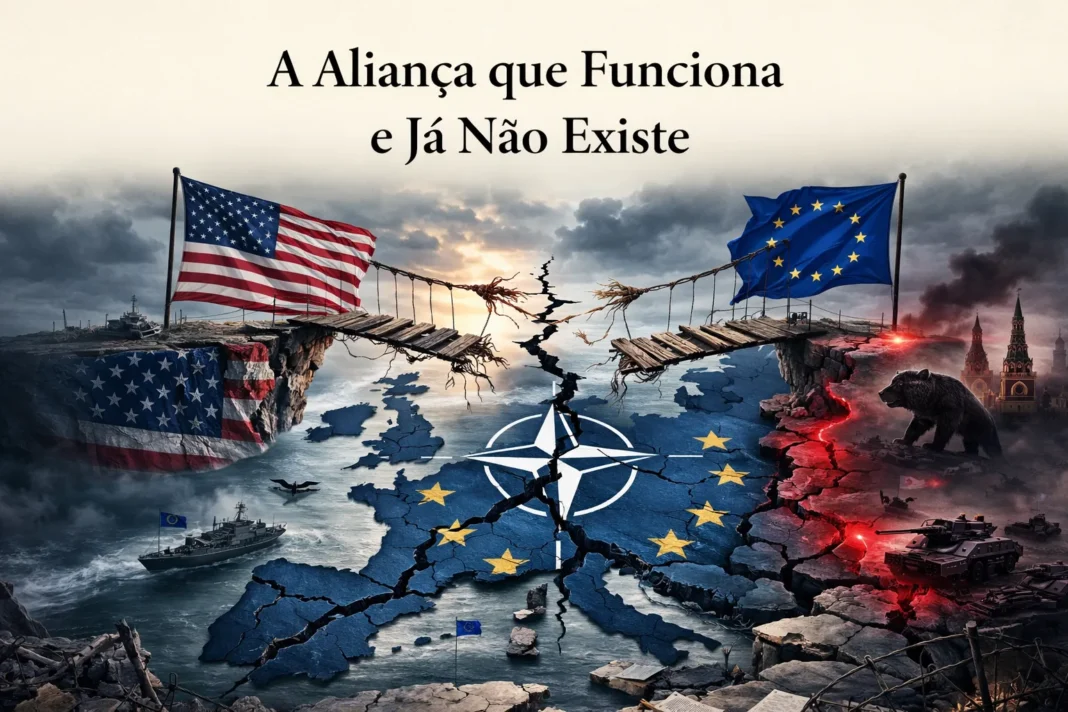 Ilustração editorial de uma ponte partida entre os Estados Unidos e a União Europeia sobre um mapa fragmentado da Europa com símbolo da NATO, evocando a fratura da relação transatlântica.