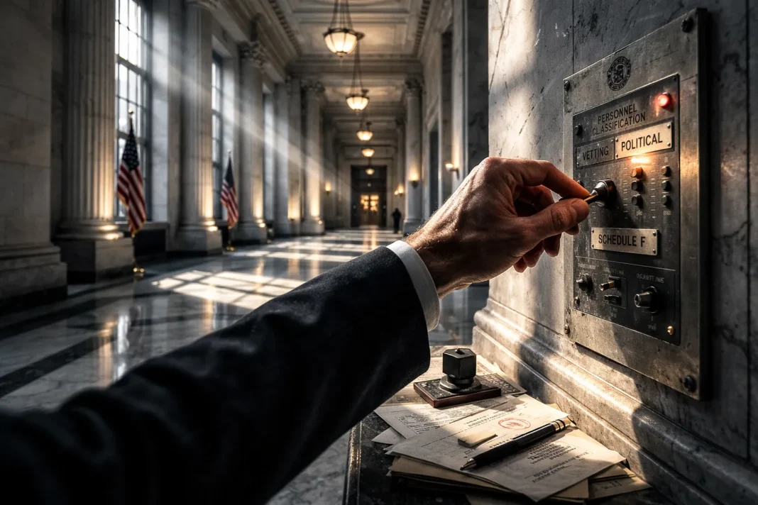 Mão em fato escuro a ajustar um selector num painel institucional com a inscrição 