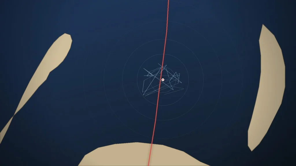 Mapa estilizado do Mar de Barents com círculos tipo radar, linha vermelha de limite marítimo e marcador de possível falsificação AIS