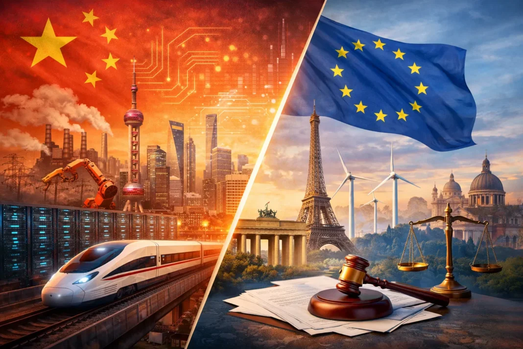 Ilustração em ecrã dividido: China em tons quentes com indústria, comboio rápido e centros de dados; Europa em tons frios com bandeira da UE, monumentos e símbolos regulatórios.