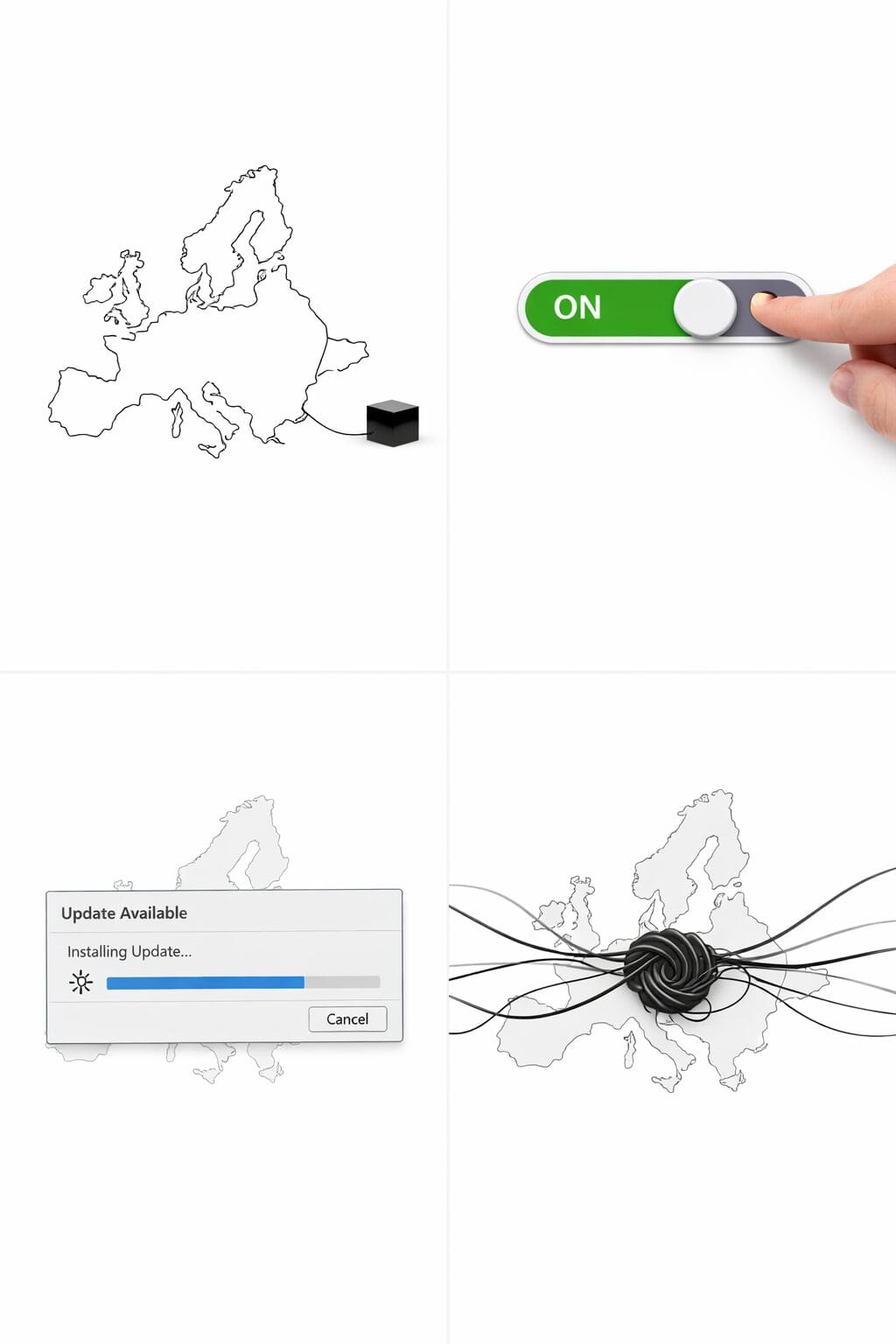 Ilustração em quatro painéis mostrando mapa da Europa: interruptor ON controlado externamente, janela de actualização forçada 