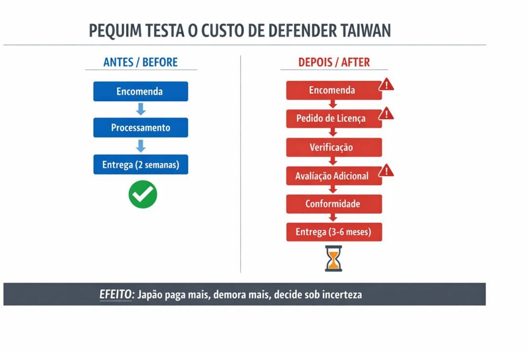 Infográfico comparativo que ilustra a estratégia de fricção da China contra o Japão, mostrando o aumento de etapas burocráticas, licenças e prazos de entrega em comparação com o fluxo comercial normal.