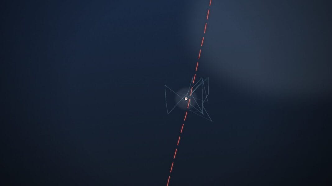 Composição minimalista do Mar de Barents com traço vermelho segmentado sugerindo limite marítimo e marcador luminoso de incidente AIS