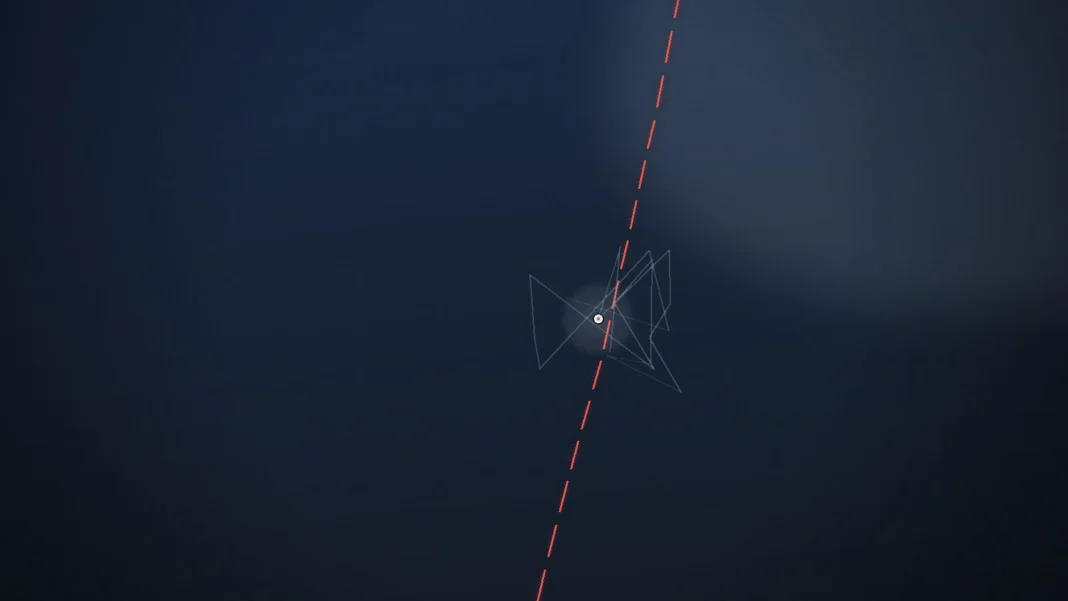 Composição minimalista do Mar de Barents com traço vermelho segmentado sugerindo limite marítimo e marcador luminoso de incidente AIS