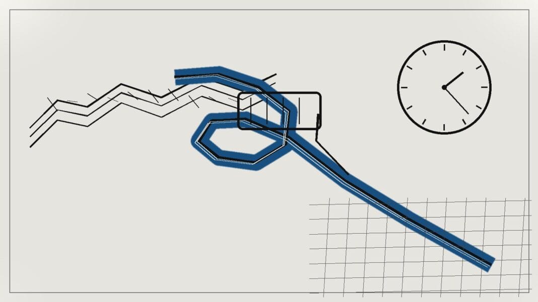 Ilustração editorial com o rio a curvar no planalto tibetano, uma barragem destacada e um relógio no céu, sugerindo controlo do calendário hidrológico a jusante.