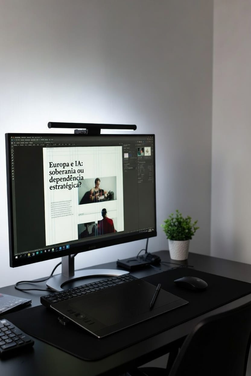 Secretária com monitor onde aparece um layout editorial com o título “Europa e IA: soberania ou dependência estratégica?”, acompanhado de teclado, mesa digitalizadora e planta decorativa.