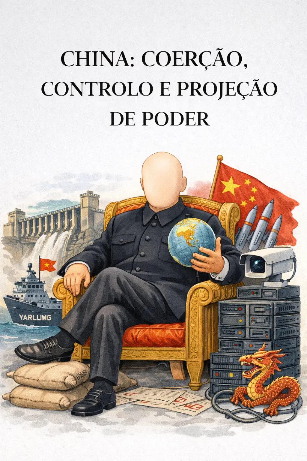 Ilustração de uma figura sem rosto sentada num trono, rodeada por uma barragem, mísseis, bandeira chinesa, sistemas de vigilância e servidores, simbolizando projeção de poder chinesa.