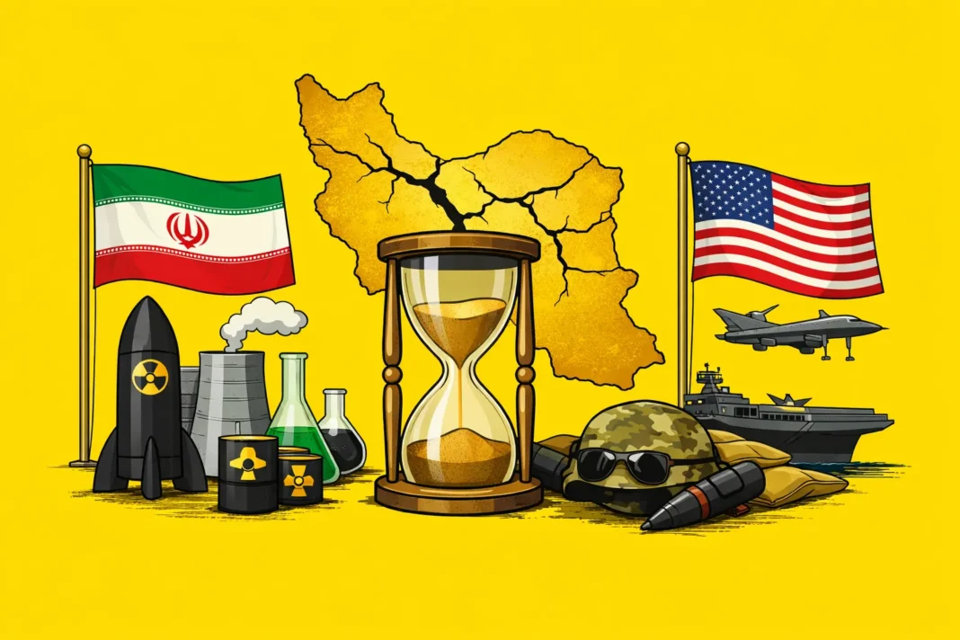 Bandeiras dos EUA e do Irão com míssil nuclear, avião militar, porta-aviões, capacete com munições e ampulheta sobre mapa.