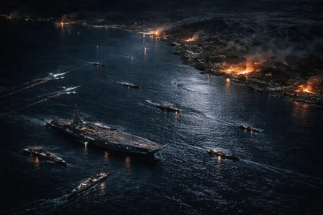 Vista aérea noturna do Estreito de Ormuz com focos de incêndio na costa iraniana e embarcações visíveis no mar