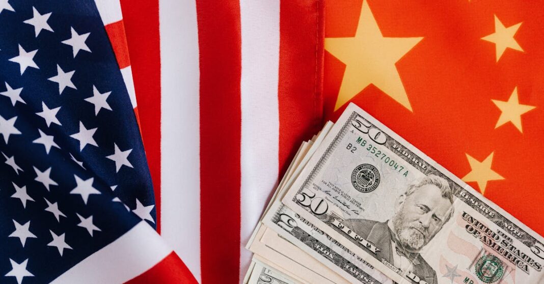 Bandeiras dos Estados Unidos e da China com notas de dólar em primeiro plano, ilustrando rivalidade económica e financeira entre as duas potências.