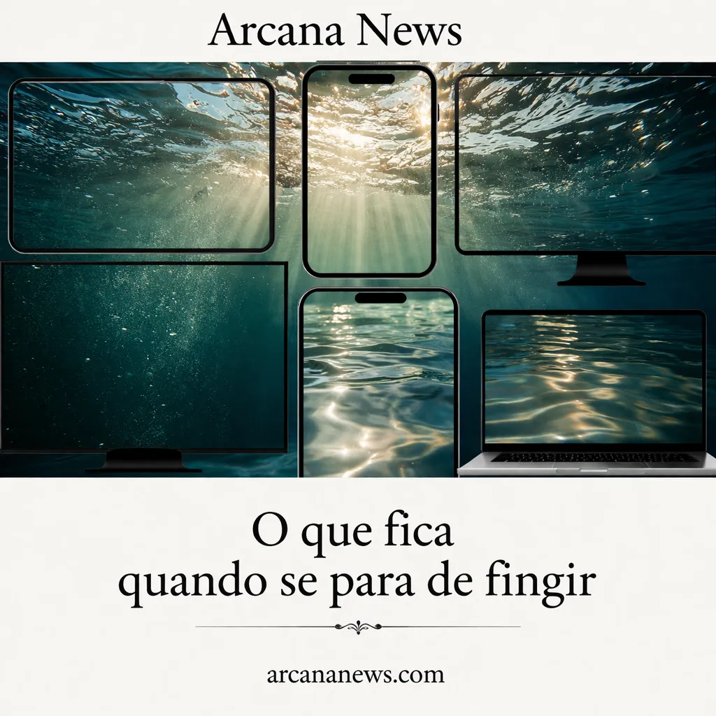 Capa da Arcana News com figura submersa ao centro, rodeada por molduras de ecrãs e superfícies de água, com o título “O que fica quando se para de fingir”.