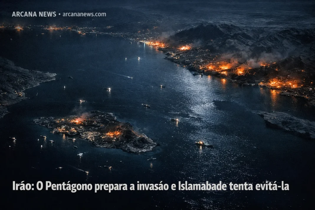 Vista aérea noturna do Estreito de Ormuz com focos de incêndio na costa iraniana e embarcações visíveis no mar