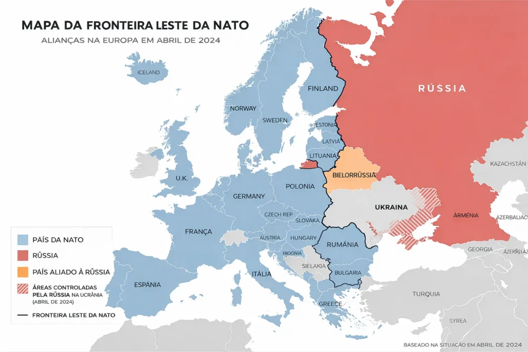 Mapa da Europa que mostra a fronteira leste da NATO, com países da NATO a azul, a Rússia a vermelho, a Bielorrússia a laranja e áreas ocupadas na Ucrânia assinaladas com hachuras.