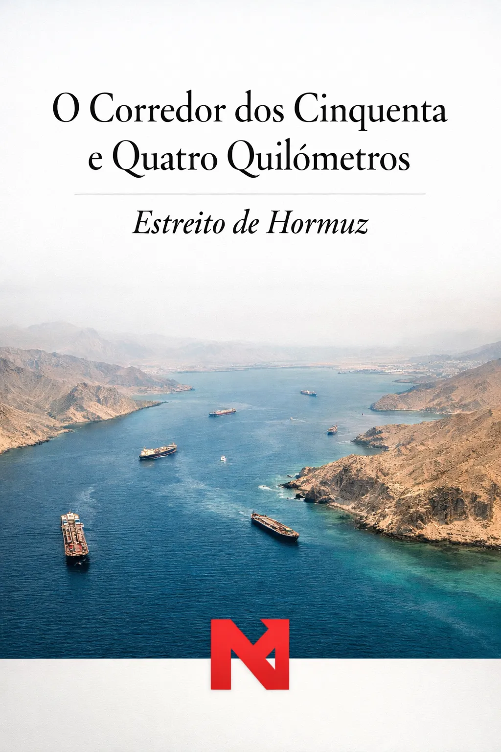 Vista aérea do Estreito de Hormuz com vários petroleiros a atravessar o corredor marítimo entre o Irão e a Península Arábica.