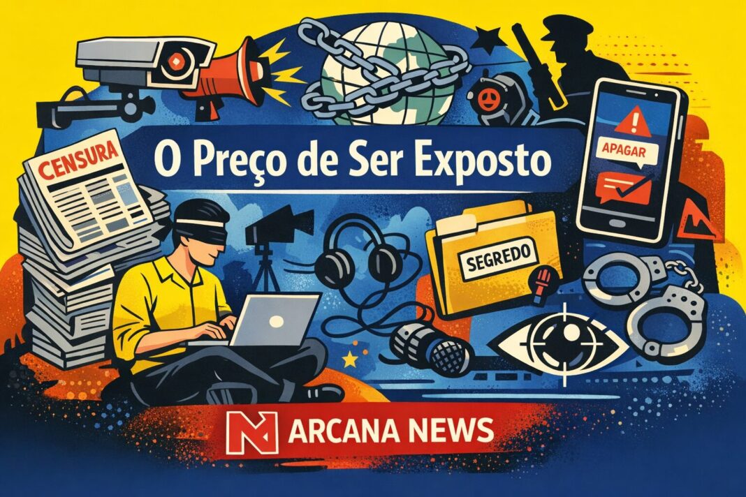 Ilustração editorial para o artigo “O Preço de Ser Exposto”, com jornalista vendado ao computador, câmaras de vigilância, megafone, globo acorrentado, telemóvel com aviso de apagar, algemas e símbolos de censura, sob o logótipo da Arcana News.