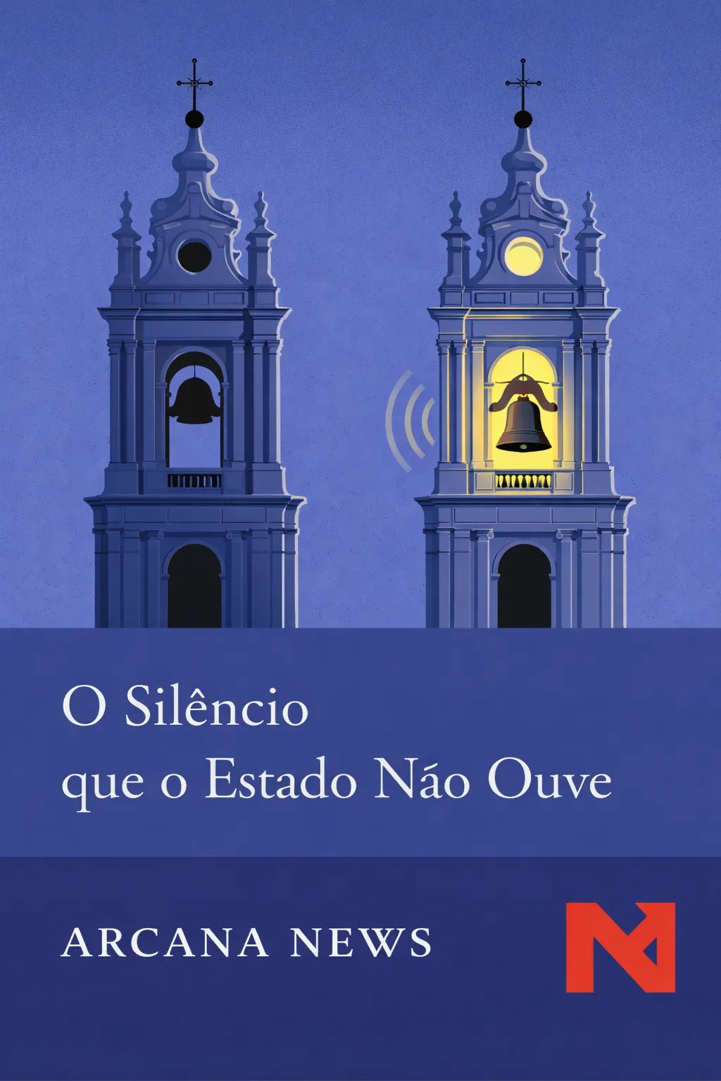 Ilustração de duas torres semelhantes, uma iluminada com sino a tocar e outra em silêncio, simbolizando a falha na preservação do património em Portugal