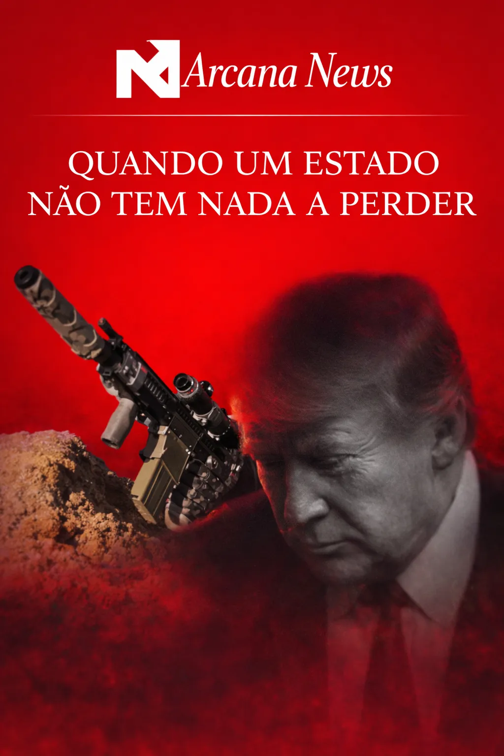 Ilustração editorial com fundo vermelho estilo revista, mostrando um soldado armado numa posição de combate e um retrato sombreado de Donald Trump, simbolizando tensão geopolítica e escalada estratégica.