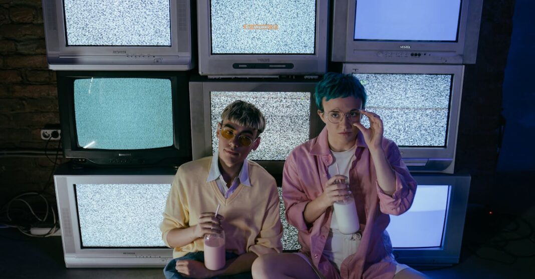 Dois jornalistas ou técnicos de media em ambiente de redação retro, rodeados de monitores de televisão analógicos empilhados ao fundo