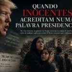 Quando inocentes acreditam numa palavra presidencial — Donald Trump em primeiro plano diante de ruínas de guerra, com civis iranianos em destaque entre destruição e fumo.