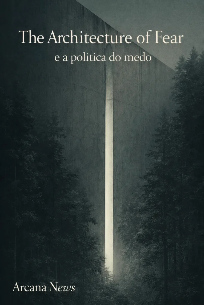 Muro de betão monumental atravessando uma floresta escura, com uma estreita abertura vertical de luz ao centro, numa capa editorial do Arcana News sobre The Architecture of Fear.