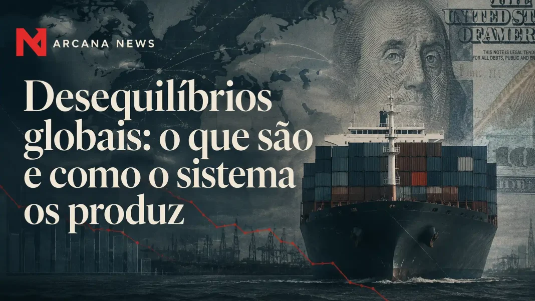 Capa editorial sobre desequilíbrios globais, com navio de carga, mapa mundial, dólar e linha de queda financeira