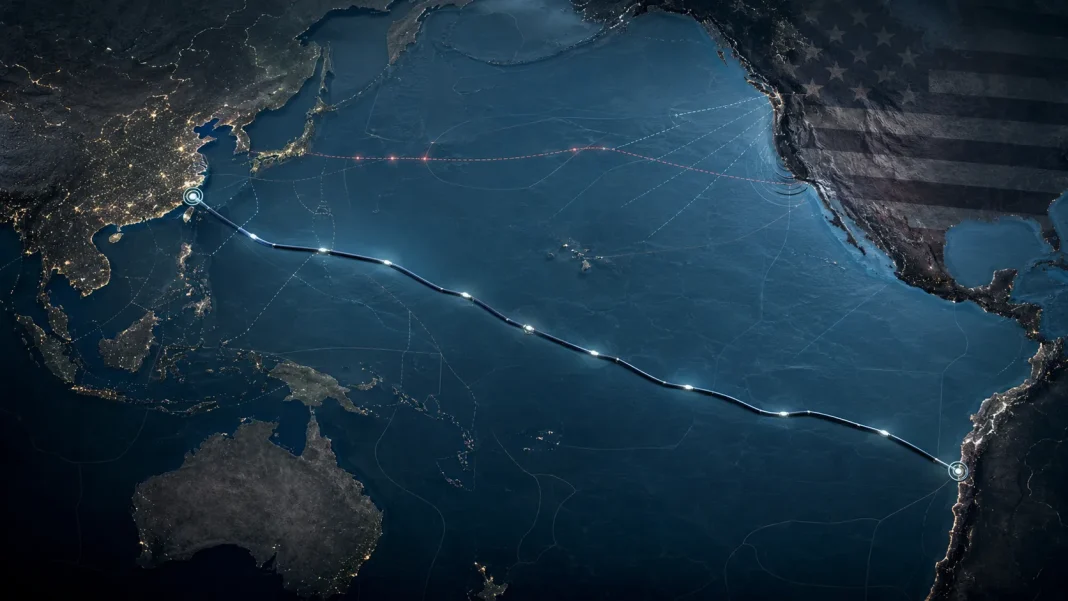 Traçado do cabo submarino Chile-China Express entre Valparaíso e Hong Kong, com rota bloqueada pelos Estados Unidos assinalada a vermelho