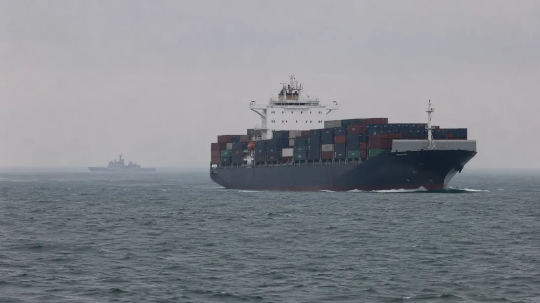 Porta-contentores no mar sob céu cinzento, com um navio militar visível ao fundo