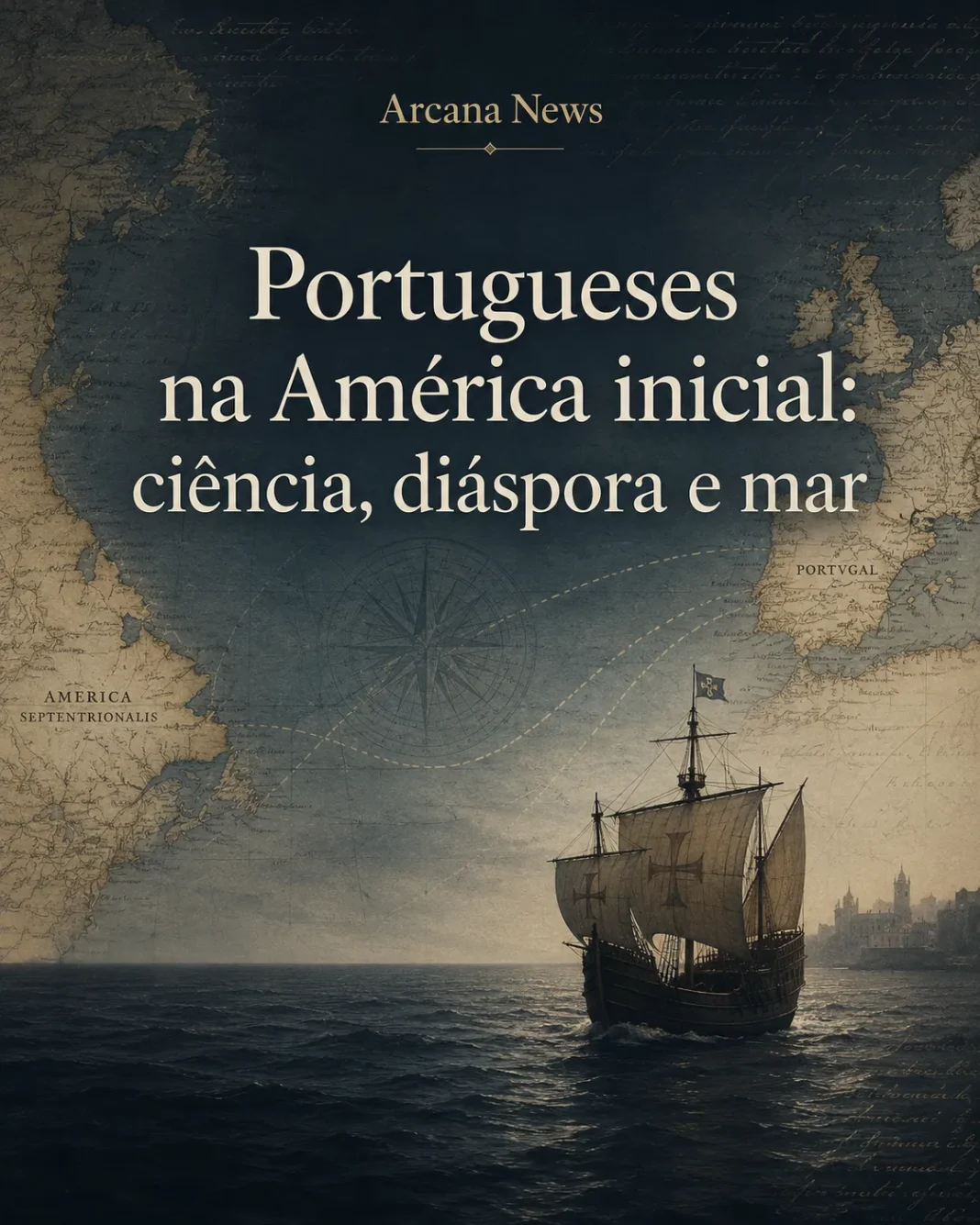 Mapa antigo do Atlântico com Portugal e América assinalados, e um navio em travessia marítima, numa capa sobre portugueses na América inicial.