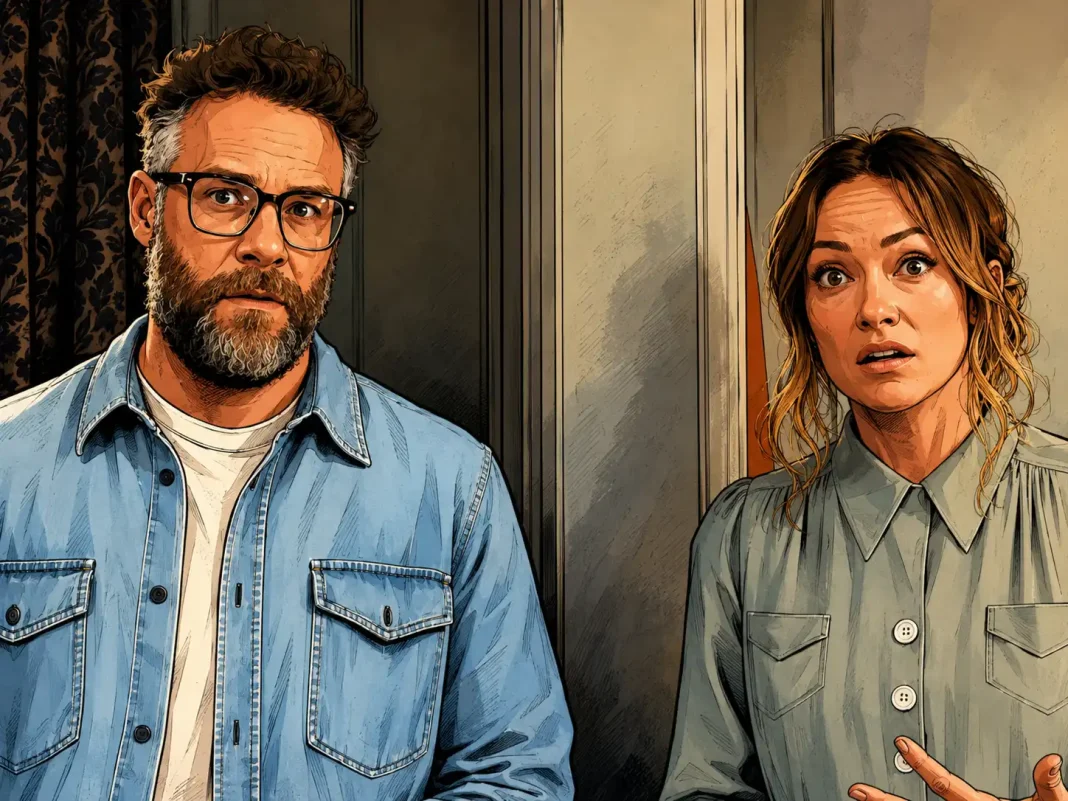 Ilustração em banda desenhada de um homem de barba e óculos e de uma mulher surpreendida junto a uma porta, evocando a tensão conjugal e doméstica de The Invite.