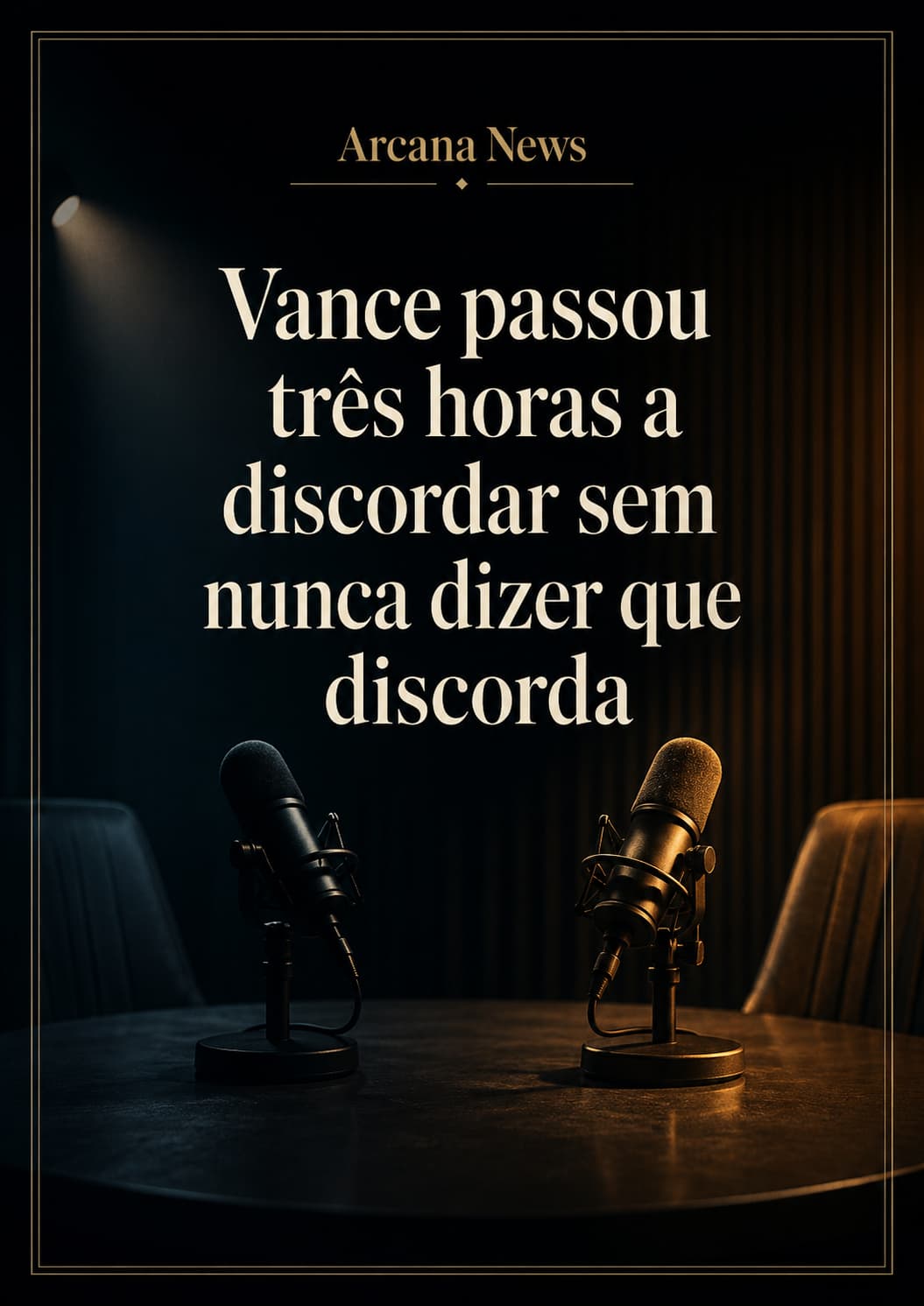 Capa vertical do Arcana News com dois microfones num estúdio escuro e o título «Vance passou três horas a discordar sem nunca dizer que discorda».