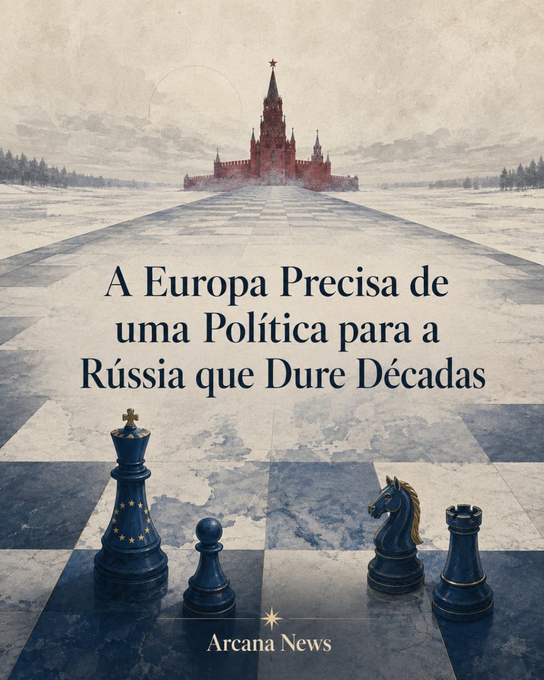 Peças de xadrez azuis com símbolos europeus diante de uma fortaleza russa distante num tabuleiro coberto por uma paisagem de inverno.