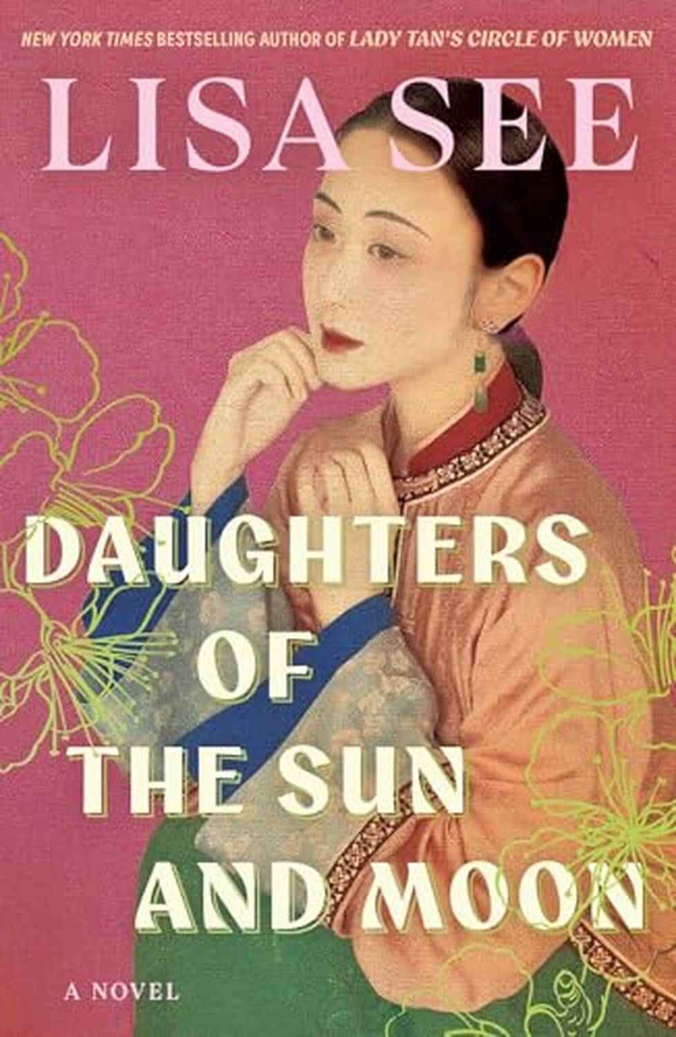 Capa em tons de rosa e verde, com o retrato ilustrado de uma mulher chinesa e o título Daughters of the Sun and Moon.